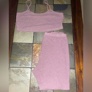 Two piece blush pink pants and crop top.